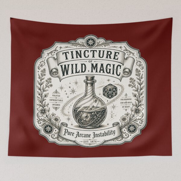 Item preview, Tincture of Wild Magic - Vintage Apothecary Label RPG Meme designed and sold by Dice_Goblin_Studio.