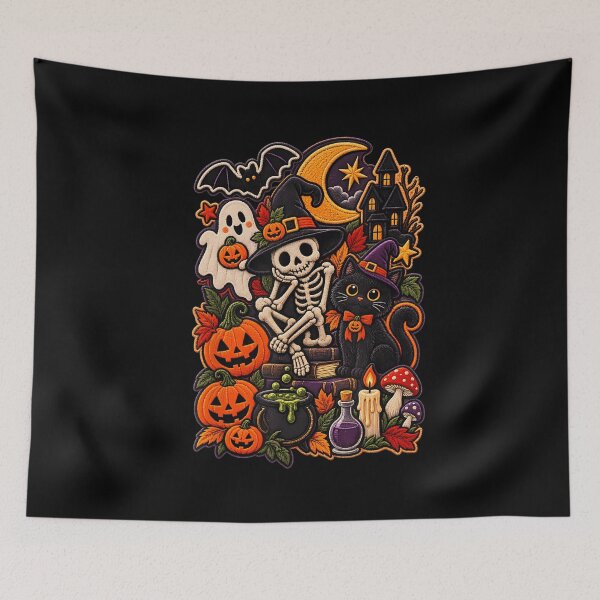Item preview, Vintage Halloween Skeleton Black Cat Ghost Pumpkin Collage designed and sold by NoeValdric.