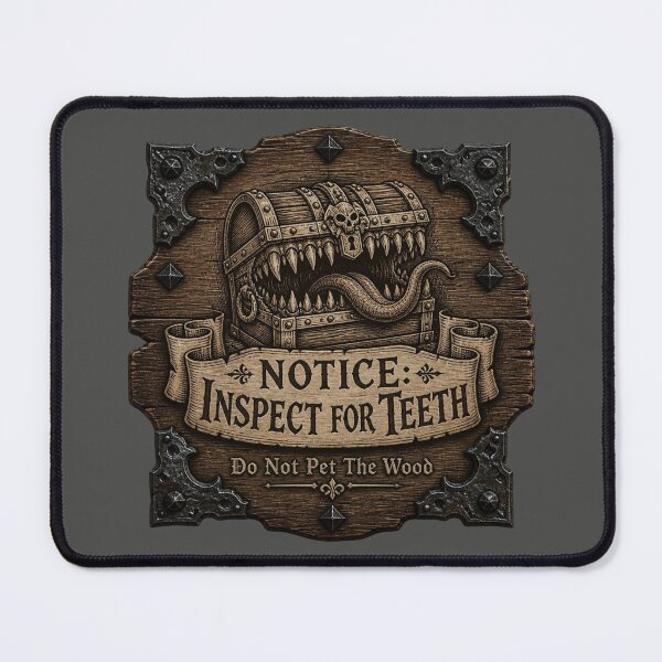 Item preview, "NOTICE: INSPECT FOR TEETH", "Do Not Pet The Wood". designed and sold by Dice_Goblin_Studio.