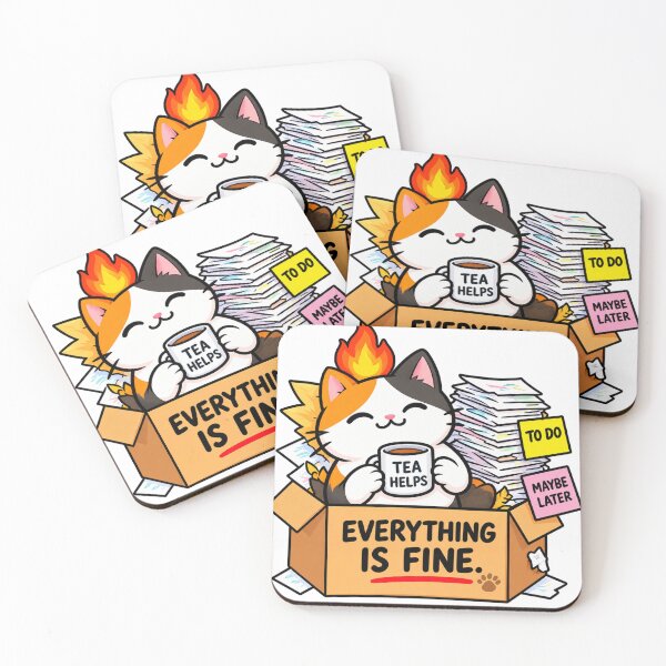 Item preview, Everything Is Fine Stressed Cat With Tea – Funny Procrastination & Work Stress Sticker designed and sold by Anstickerrr.