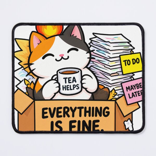 Item preview, Everything Is Fine Stressed Cat With Tea – Funny Procrastination & Work Stress Sticker designed and sold by Anstickerrr.