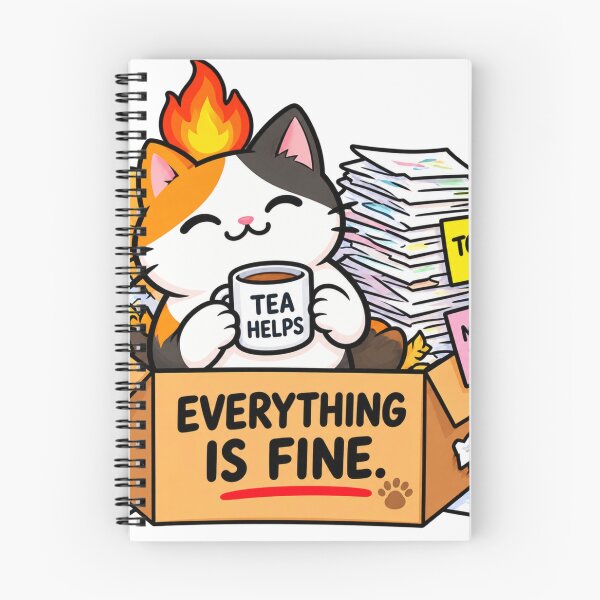 Item preview, Everything Is Fine Stressed Cat With Tea – Funny Procrastination & Work Stress Sticker designed and sold by Anstickerrr.
