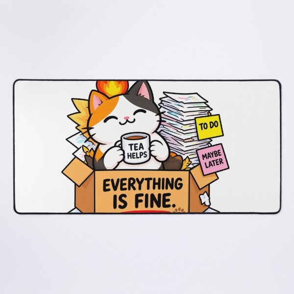 Item preview, Everything Is Fine Stressed Cat With Tea – Funny Procrastination & Work Stress Sticker designed and sold by Anstickerrr.