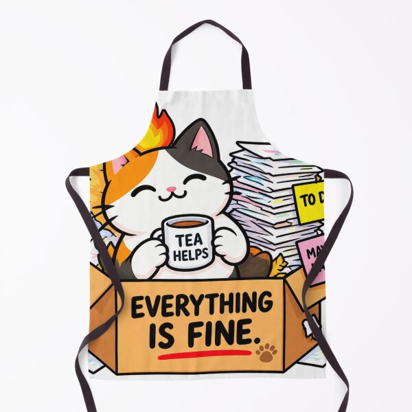 Item preview, Everything Is Fine Stressed Cat With Tea – Funny Procrastination & Work Stress Sticker designed and sold by Anstickerrr.