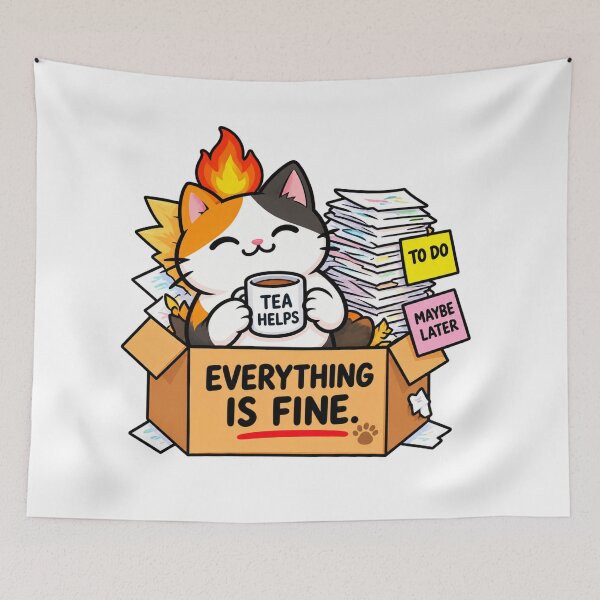 Item preview, Everything Is Fine Stressed Cat With Tea – Funny Procrastination & Work Stress Sticker designed and sold by Anstickerrr.