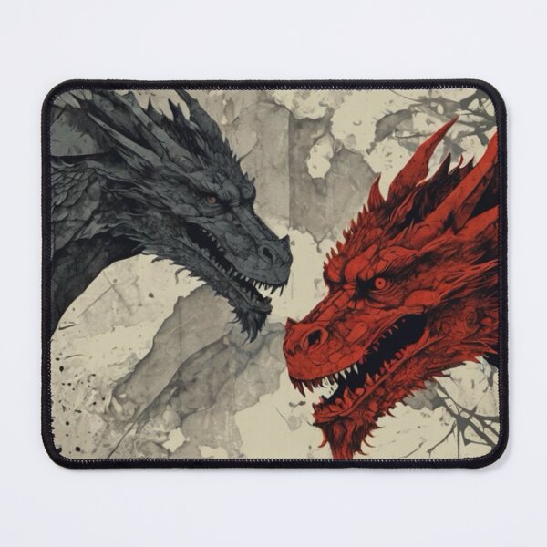 Item preview, Digital fantasy illustration featuring a confrontation between a gray stone dragon and a crimson red dragon in an ink-wash and watercolor style designed and sold by Kochainn.
