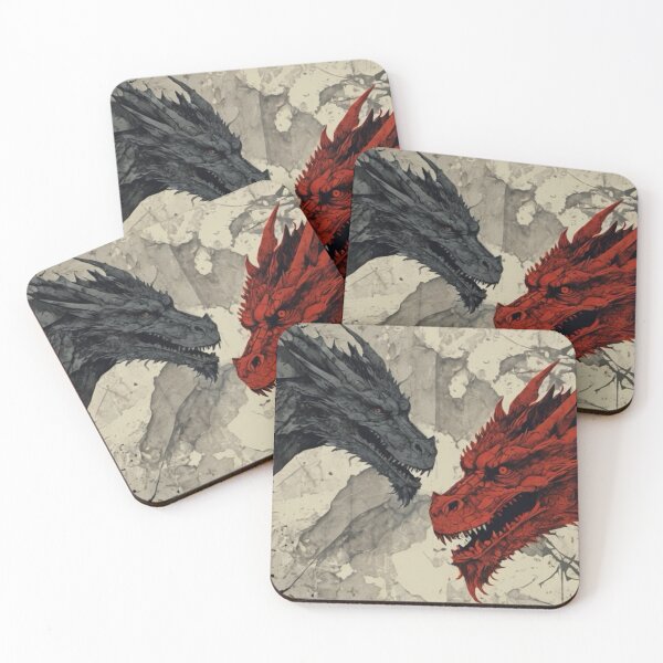 Item preview, Digital fantasy illustration featuring a confrontation between a gray stone dragon and a crimson red dragon in an ink-wash and watercolor style designed and sold by Kochainn.