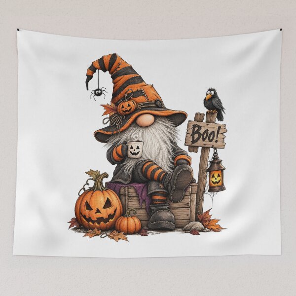 Item preview, Halloween gnome with pumpkins and coffee – Autumn illustration designed and sold by J-Impression.
