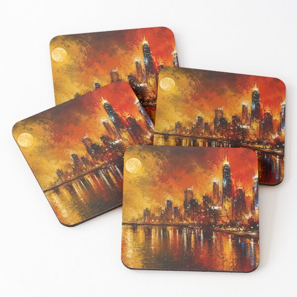 Item preview, Fiery City Reflections | Red & Gold Urban Skyline Art designed and sold by Joey Santiago.