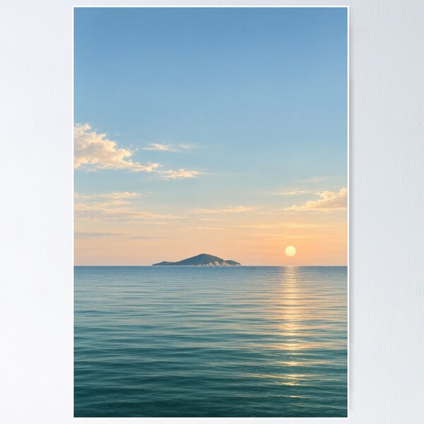 Artikelvorschau, Ferne Insel im Sonnenuntergang | Minimalistische Meereslandschaft entworfen und verkauft von Zaramodo.
