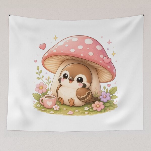Item preview, Cute Kawaii Sparrow Under Mushroom | Cozy Bird Sticker | Cute Cottagecore Design | Bird Lover Gift | Aesthetic Animal Art designed and sold by Vegasstickers.