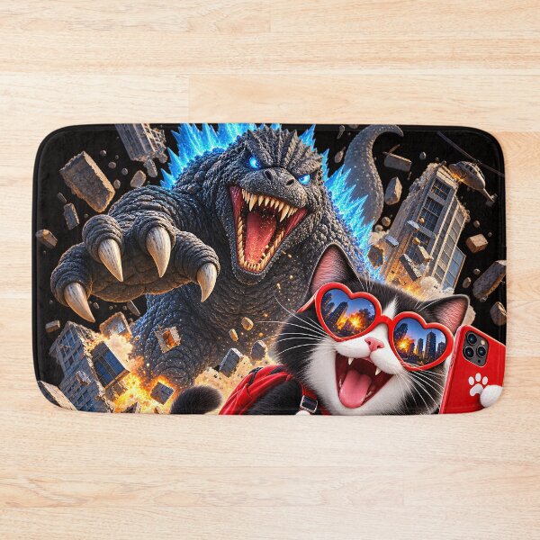Item preview, Cat Selfie with Godzilla  designed and sold by ARabbitHole.