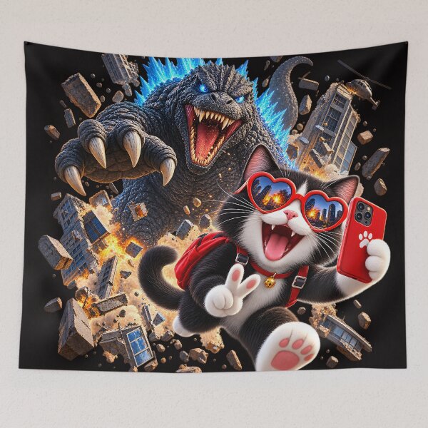 Item preview, Cat Selfie with Godzilla  designed and sold by ARabbitHole.