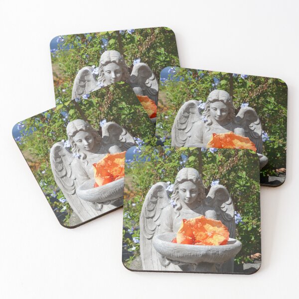 Item preview, Angel Statue Holding Orange Hibiscus in Garden designed and sold by MiraNadaPrints.