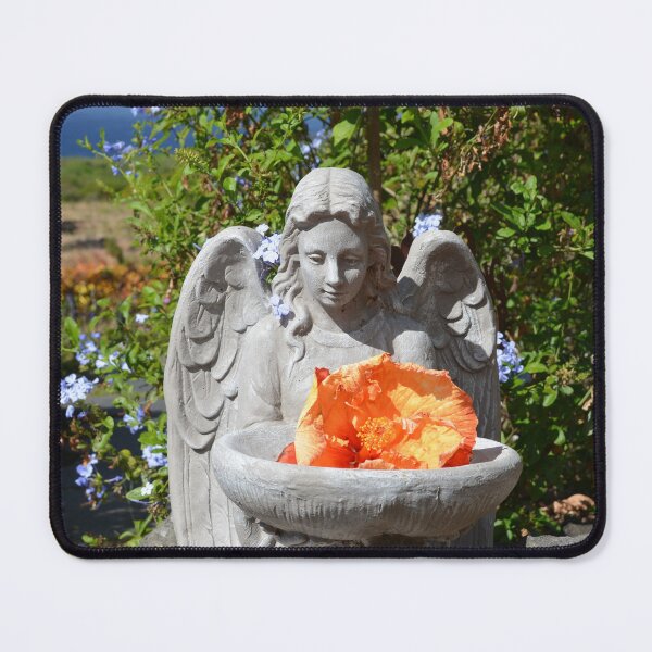 Item preview, Angel Statue Holding Orange Hibiscus in Garden designed and sold by MiraNadaPrints.