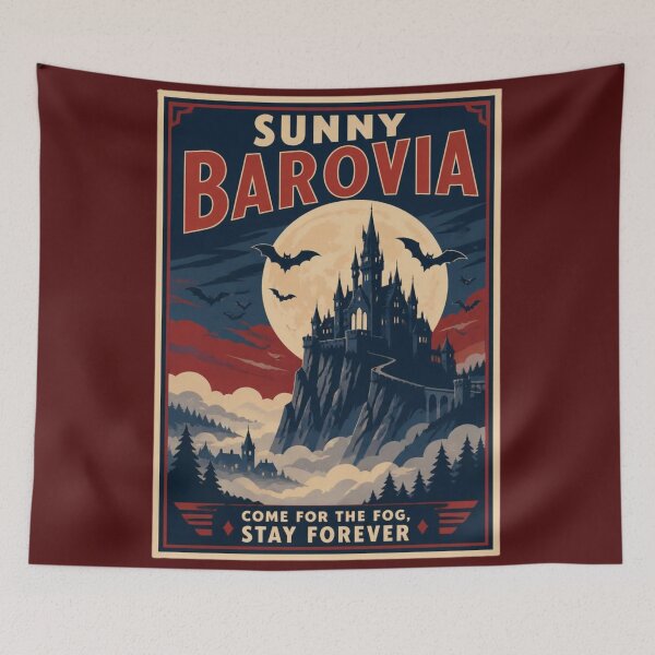 Item preview, Sunny Barovia - Vintage Gothic Travel Poster RPG Wall Art designed and sold by Dice_Goblin_Studio.