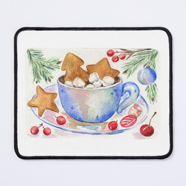 Item preview, Vintage Christmas Card with Blue Cup of Hot Chocolate and Cookies designed and sold by Flowersforbear.