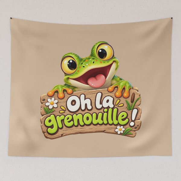 Item preview, Oh La Grenouille ! Cute Green Frog on Wooden Sign – Funny French Pun designed and sold by OhLaBaguette.