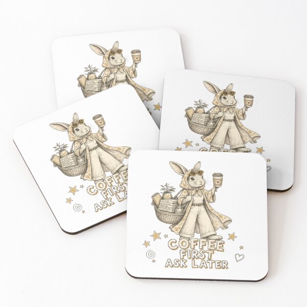 Item preview, Coffee First Ask Later Vintage Bunny Printed T-Shirt / Mugs  designed and sold by happybluedesign.