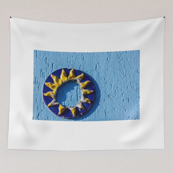 Item preview, Broken Sun-Shaped Ceramic Decor Against a Textured Blue Wall designed and sold by Nmallia.
