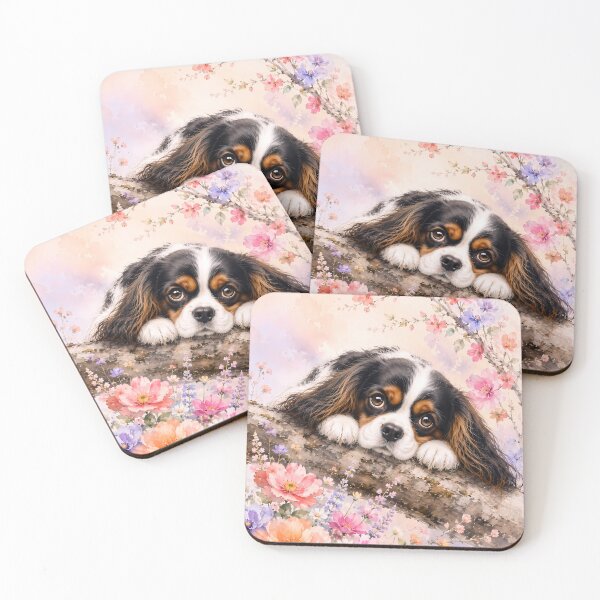 Item preview, Cavalier King Charles Spaniel Resting on a Blossom Branch | Floral Dog Art designed and sold by ManJiangHong.