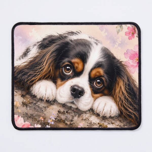 Item preview, Cavalier King Charles Spaniel Resting on a Blossom Branch | Floral Dog Art designed and sold by ManJiangHong.