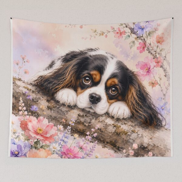 Item preview, Cavalier King Charles Spaniel Resting on a Blossom Branch | Floral Dog Art designed and sold by ManJiangHong.
