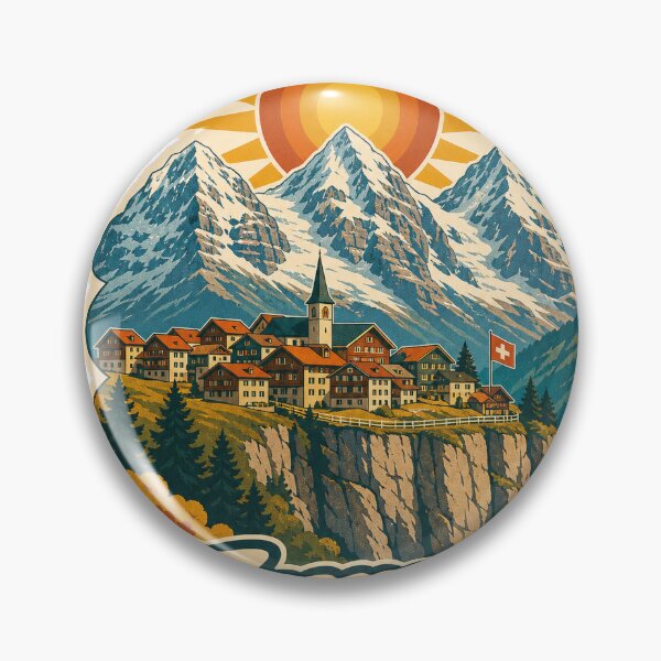 Artikelvorschau, Mürren Schweiz Reisesouvenir - Retro-Illustration entworfen und verkauft von VisualArtsOasis.