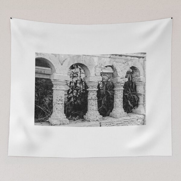 Item preview, Black and White Arched Columns of a Rustic Stone Structure With Leafy Background designed and sold by Nmallia.