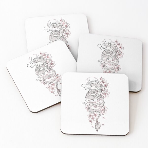Item preview, Mystical Asian Dragon & Red Cherry Blossoms Line Art designed and sold by Shopeon Designs.