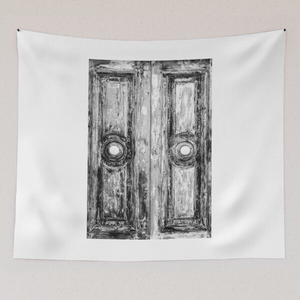 Item preview, Closeup of Weathered Wooden Doors in a Black and White Composition designed and sold by Nmallia.