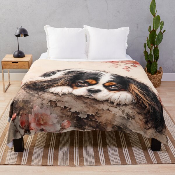 Artikelvorschau, Cavalier King Charles Spaniel with Plum Blossoms | Cute Floral Dog Art entworfen und verkauft von ManJiangHong.