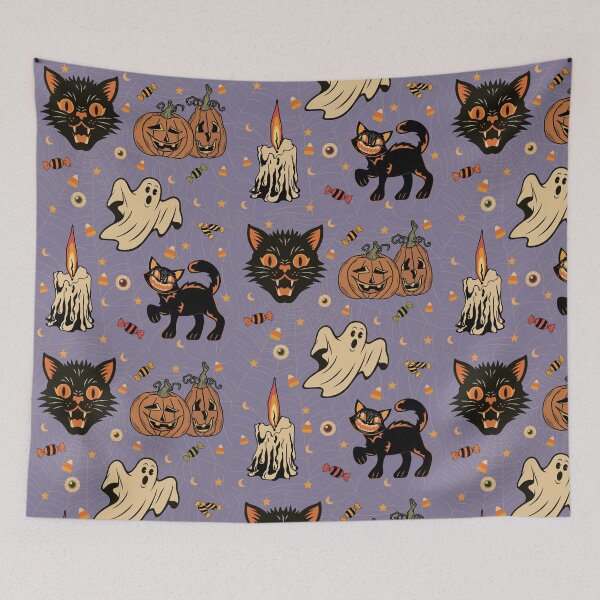 Item preview, Retro Vintage Halloween Spooktacular Classic Creepy Cats and Ghosts - Purple designed and sold by kpvart.