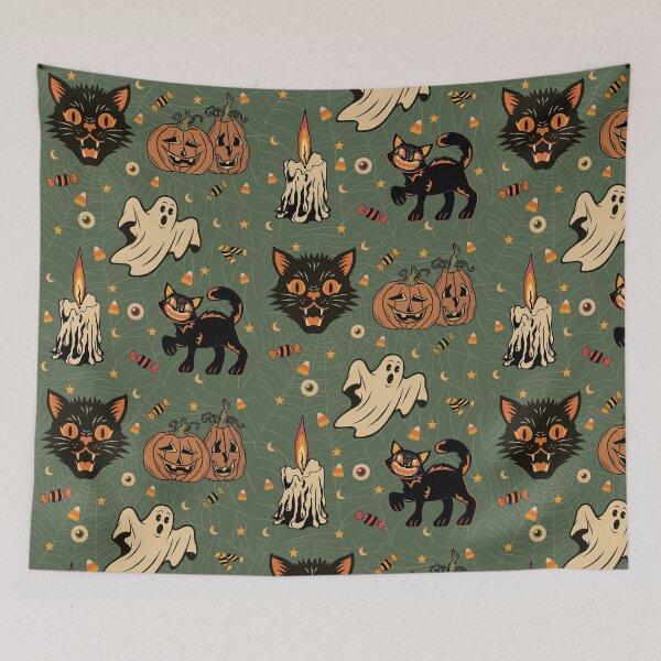 Item preview, Retro Vintage Halloween Spooktacular Classic Creepy Cats and Ghosts - Green designed and sold by kpvart.