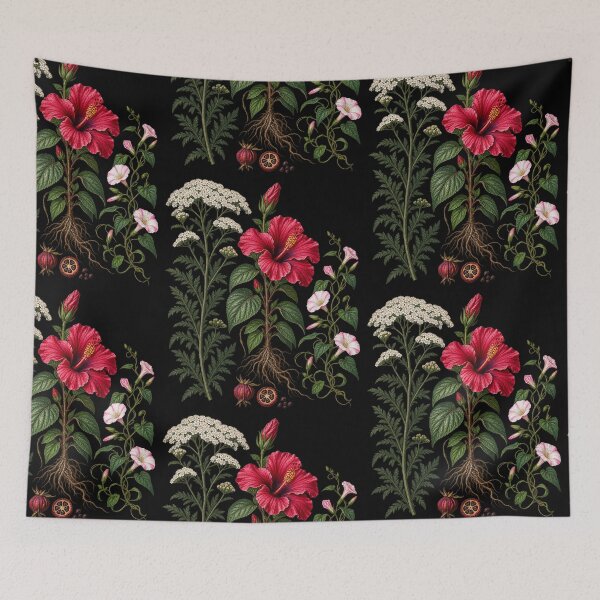Item preview, Crimson Hibiscus, Common Yarrow and Field Bindweed Vintage Botanical Plate designed and sold by Anyshca.