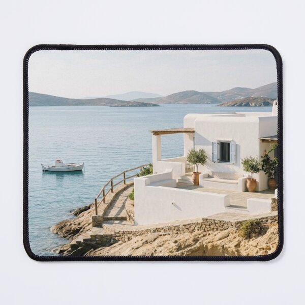 Item preview, Mediterranean White Coastal Villa - Minimalist Sea View Print designed and sold by Zaramodo.