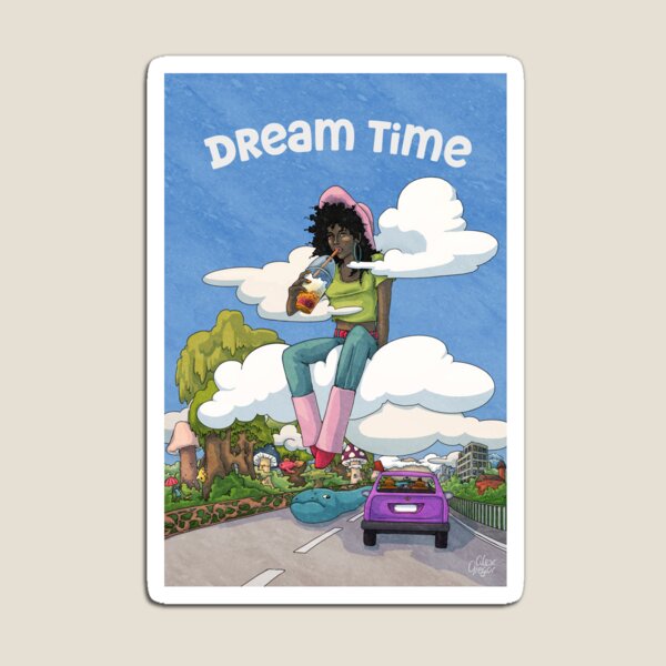 Item preview, Dream Time - A girl sitting on a cloud with the real world to her right and a fantasy world to her left. A picture for daydreamers, less humorous. designed and sold by AlexandraGregor.
