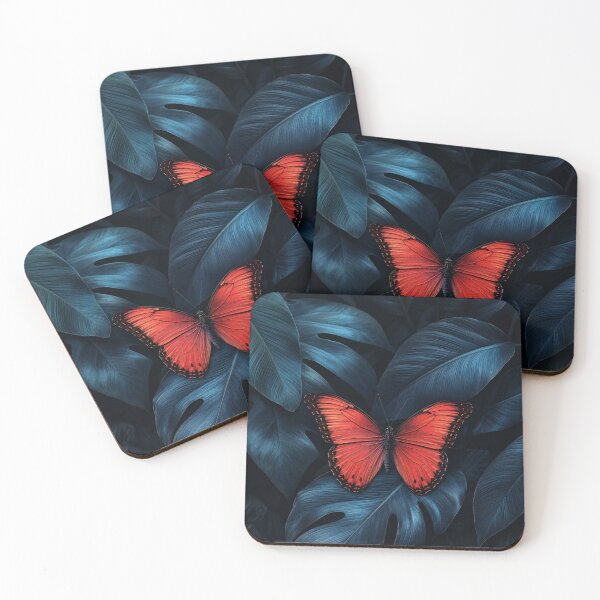 Item preview, Red Butterfly Dark Teal Tropical Leaves Graphic Illustration designed and sold by PACS0011.