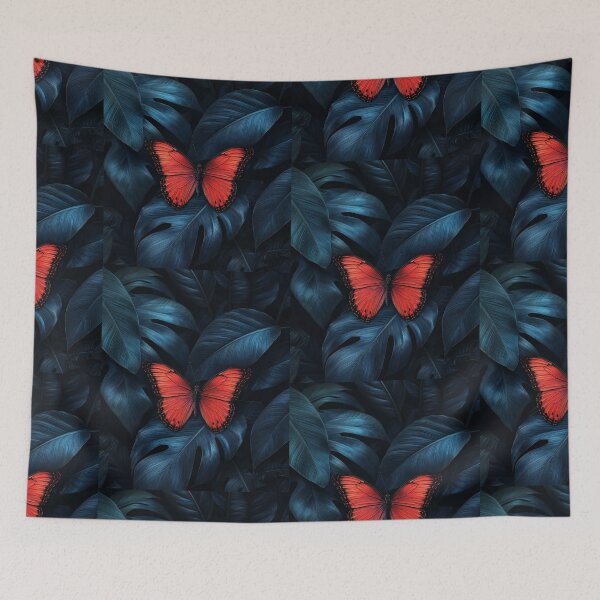 Item preview, Red Butterfly Dark Teal Tropical Leaves Graphic Illustration designed and sold by PACS0011.