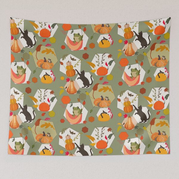 Item preview, Patrón hexagonal otoñal de calabazas, gatos y ranas de Halloween designed and sold by Vibria Pattern Studio.