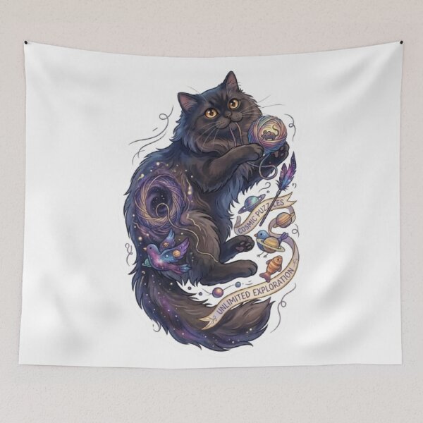 Item preview, Fluffy Galaxy Cat Vinyl Decal with Yarn and Birds designed and sold by PetalsPaws.