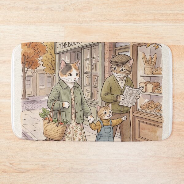 Item preview, Family of cats strolling in front of a cozy watercolor bookstore and bakery designed and sold by TheCoolCatsMx.