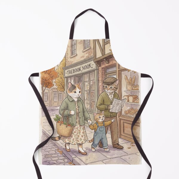 Item preview, Family of cats strolling in front of a cozy watercolor bookstore and bakery designed and sold by TheCoolCatsMx.