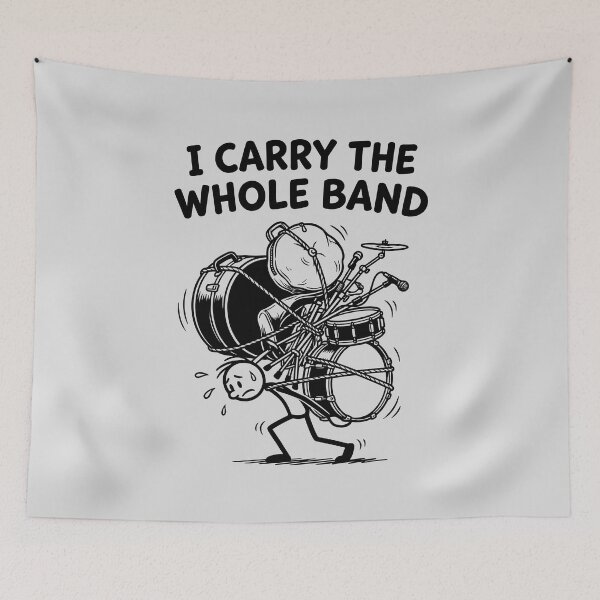 Item preview, I Carry The Whole Band - Cartoon Drummer Overloaded designed and sold by ThreadRiotTees.