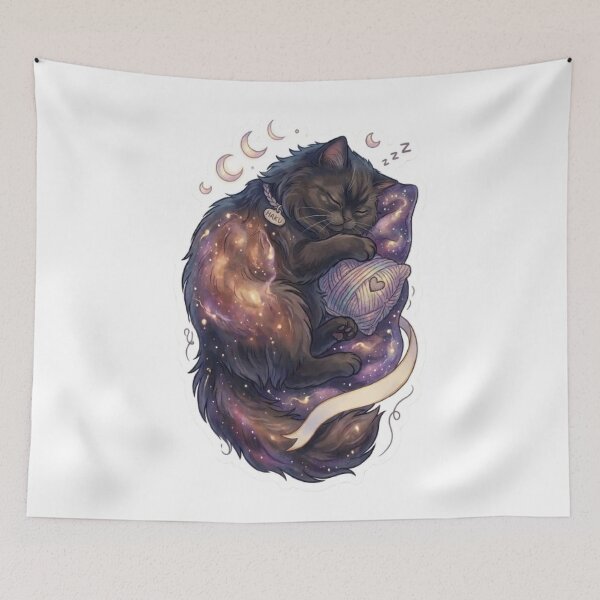 Item preview, Fluffy Galaxy Cat Sleeping with Crescent Moons designed and sold by PetalsPaws.