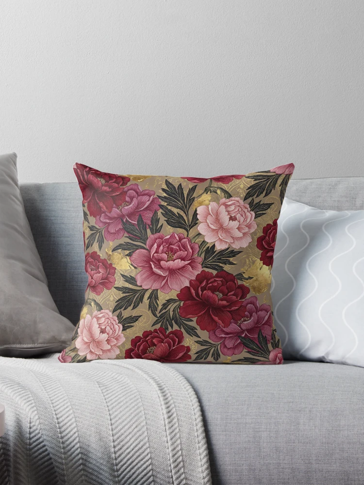Vintage Victorian Crimson Peony Floral Tapestry Pillow