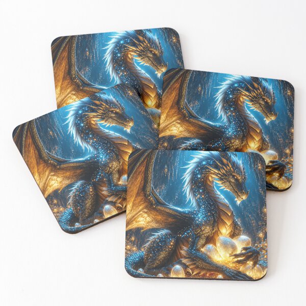 Item preview, Blue Gold Dragon – Fantasy Dragon with Golden Eggs in a Crystal Cave designed and sold by DrakariArt.