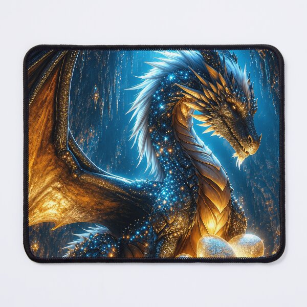 Item preview, Blue Gold Dragon – Fantasy Dragon with Golden Eggs in a Crystal Cave designed and sold by DrakariArt.