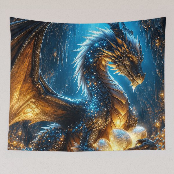 Item preview, Blue Gold Dragon – Fantasy Dragon with Golden Eggs in a Crystal Cave designed and sold by DrakariArt.