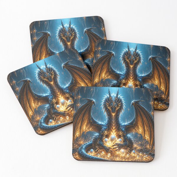 Item preview, Blue and Gold Dragon with Eggs in Fantasy Cave designed and sold by DrakariArt.